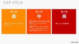 重大度
低
重大度
中
重大度
高
・感染しているデバイスからの
サインイン
・特殊な場所へのあり得ない移動
・匿名の IP アドレスからの
サインイン
・不審なアクティビティのある
IP アドレスからのサインイン
・未知の場所からのサインイン
・漏えいした資格情報
 