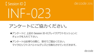 アンケートにご協力ください。
●アンケートに 上記の Session ID のブレイクアウトセッションに
チェックを入れて下さい。
●アンケートはお帰りの際に、受付でご提出ください。
マイクロソフトスペシャルグッズと引換えさせていただきます。
 