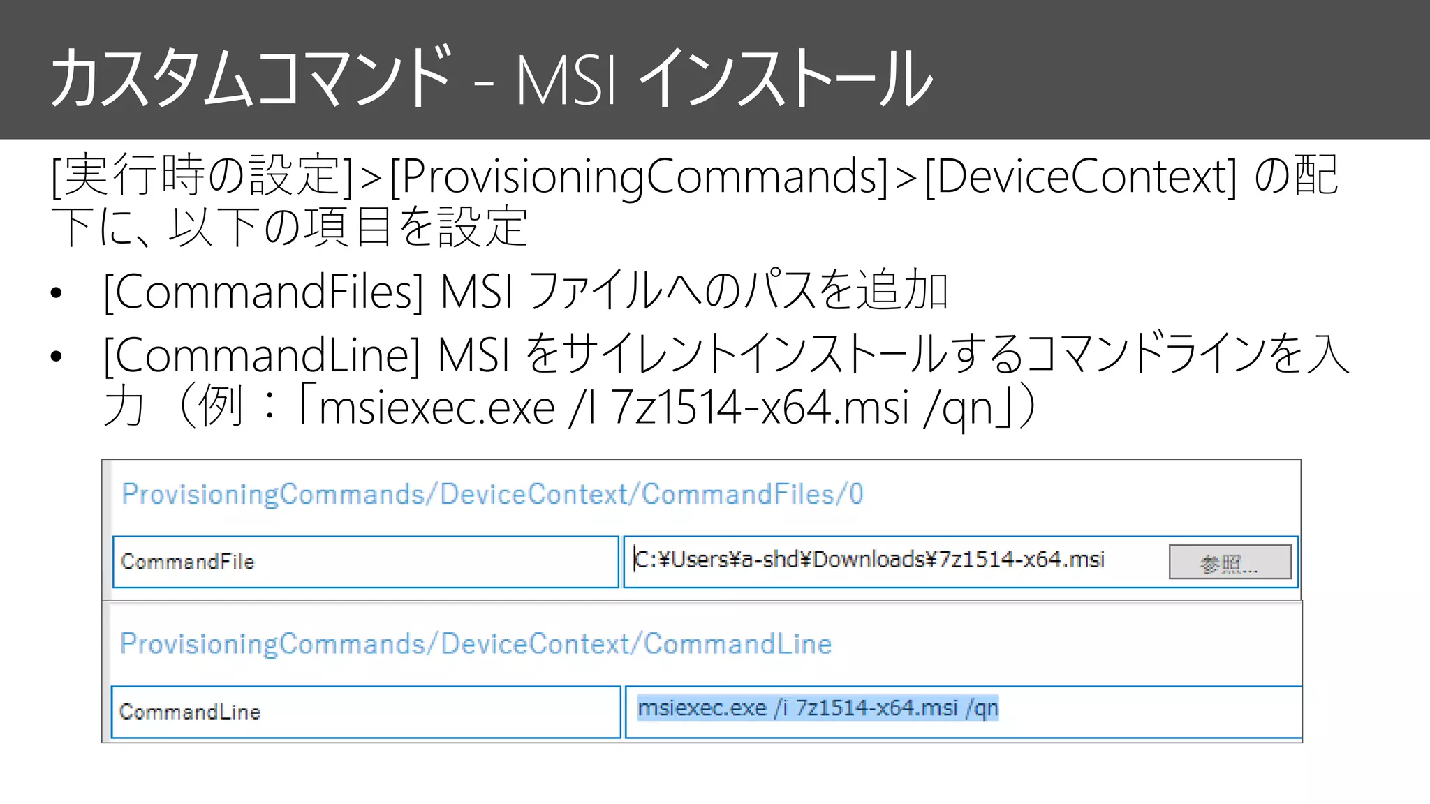 カスタムコマンド - MSI インストール
 