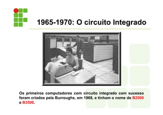 1965-1970: O circuito Integrado
Os primeiros computadores com circuito integrado com sucesso
foram criados pela Burroughs, em 1968, e tinham o nome de B2500
e B3500.
 
