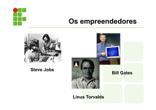 Os empreendedores
Steve Jobs
Bill Gates
Linus Torvalds
 