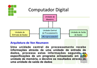Computador	
  Digital	
  
Arquitetura de Von Neumann
Uma unidade central de processamento recebe
informações através de uma unidade de entrada de
dados, processa estas informações segundo as
especificações de um programa armazenado em uma
unidade de memória, e devolve os resultados através de
uma unidade de saída de dados
Unidade de
Memória
Unidade Central
de Processamento Unidade de Saída
de Dados
Unidade de
Entrada de Dados
Microprocessador
 