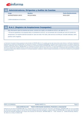 4       Administradores, Dirigentes y Auditor de Cuentas
         Cargo                                         Nombre                                                                              Fecha Nombramiento
         ADMINISTRADOR UNICO                           MICLEA MARIA                                                                        09/01/2007


         1 Administradores en funciones




   5       R.A.I. (Registro de Aceptaciones Impagadas)
         Más información sobre la empresa que busca, conozca ya si está o no incluida en el R.A.I. por sólo 4,5 € *.
         * El servicio garantiza si la empresa está o no presente en el R.A.I. en el momento de la consulta así como el número de
         anotaciones y el importe total de la deuda en caso de existir. Por tanto, este servicio se tarifa por consulta realizada, tanto
         positiva como negativa.




La información del presente informe procede de la base de datos de INFORMA D&B, S.A. Si considera que hay algún dato erróneo puede solicitar su rectificación dirigiéndose al
Departamento de Coherencia de INFORMA D&B, S.A. Avenida de la Industria, 32 Alcobendas 28108 MADRID. El presente Informe es para uso interno y no puede ser reproducido,
publicado o redistribuido, parcial ni totalmente, de forma alguna sin la autorización expresa de INFORMA D&B. Debido a la gran cantidad de fuentes de información utilizadas para
la elaboración del presente Informe, INFORMA D&B, S.A. no garantiza la corrección absoluta de la información, ni se hace responsable de su uso para una finalidad en concreto.
Asimismo le indicamos que el presente Informe no puede ser el único elemento a tener en cuenta para su toma de decisiones. La información sobre personas físicas contenida
en el presente Informe hace referencia únicamente a su actividad empresarial o profesional y debe ser utilizada exclusivamente en el marco de la empresa a la que representan
o prestan sus servicios.




PERFIL DE EMPRESA                                                        MORRO NORTE S.L.                                                                            Página 3

                             www.einforma.com                  Toda la información económica, financiera y empresarial
eInforma es una marca de INFORMA D&B, S.A., empresa líder en Información Comercial, Financiera y de Marketing. INFORMA D&B, S.A. es el proveedor
de información de riesgo-crédito de más del 95% de las entidades bancarias de España. La base de datos de INFORMA D&B, S.A. posee más información
financiera de empresas españolas que ninguna otra empresa de información. INFORMA D&B S.A. - Avda. Industria 32 - 28108 Alcobendas (Madrid) -
Tel: 902 10 11 32 Fax: 91 490 10 98
 