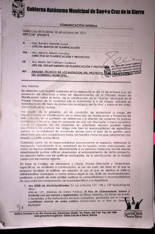 Informe Técnico de la localización para el proyecto de las oficinas del Gobierno Municipal. Arq. Maria del Carmen Cadiermo