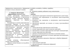 11
інформатичну компетентність. Інформатика
як наука та галузь діяльності людини.
кілобайта, мегабайта, гігабайта, терабайта;
вміє:
 визначати довжину двійкового коду повідомлення.
2. Апаратне забезпечення
інформаційних систем (3 год.)
Типова архітектура персонального
комп’ютера. Класифікація та призначення
апаратних засобів: пристроїв введення,
виведення, зберігання та обробки
інформації.
Класифікація та основні характеристики
процесорів. Принцип дії та основні
характеристики найбільш поширених видів
запам’ятовуючих пристроїв: дискових
накопичувачів, оперативної та флеш-
пам’яті. Класифікація та основні
характеристики принтерів. Відеосистема
комп’ютера, призначення та основні
характеристики її складових: монітора,
відеоадаптера та відеопам’яті.
Мультимедійне обладнання. Комунікаційні
пристрої.
Історія розвитку обчислювальної
техніки. Покоління ЕОМ.
Правила техніки безпеки під час роботи
на комп’ютері.
Учень
пояснює:
 призначення структурних компонентів персонального комп’ютера;
 відмінність між оперативними та постійними запам’ятовуючими
пристроями;
 відмінність між зовнішніми та внутрішніми запам’ятовуючими
пристроями;
 призначення пристроїв, що входять до складу мультимедійного
обладнання;
описує:
 типову архітектуру персонального комп’ютера;
 основні характеристики запам’ятовуючих пристроїв;
 призначення та основні характеристики моніторів і відеоадаптерів;
 основні характеристики принтерів;
 принцип дії накопичувачів на магнітних та оптичних дисках;
 функціональне призначення та основні характеристики процесорів;
наводить приклади:
 пристроїв введення, виведення, зберігання та обробки інформації.
класифікує:
 процесори;
 запам’ятовуючі пристрої;
 пристрої введення та виведення інформації;
дотримується:
 