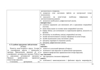 14
автоматичного створення;
 повертати стан системних файлів до контрольної точки
відновлення;
 знаходити на комп’ютері необхідну інформацію в
автоматизованому режимі;
 визначати необхідність дефрагментації дисків;
використовує:
 елементи керування для виконання дій в середовищі операційної
системи;
 меню вікна папки та головне меню операційної системи;
 буфер обміну для копіювання та переміщення файлів, каталогів та
ярликів;
 автономну та онлайнову довідку операційної системи;
 засоби автоматизованого пошуку інформації на комп’ютері;
 засоби відновлення стану системних даних;
 програму перевірки й очищення дисків;
 програму дефрагментації дисків.
4. Службове програмне забезпечення
(3 год.)
Поняття комп’ютерного вірусу. Історія
та класифікація вірусів і троянських
програм. Призначення, принцип дії та
класифікація антивірусних програм. Робота
в середовищі антивірусної програми.
Правила профілактики зараження
комп’ютера вірусами.
Стискання, архівування та
Учень
пояснює:
 поняття та загальний принцип дії вірусу;
 відмінності між вірусами та троянськими програмами;
 правила профілактики зараження комп’ютера вірусами;
має уявлення:
 про принципи стискання інформації;
описує:
 особливості завантажувальних і файлових вірусів, макровірусів,
 
