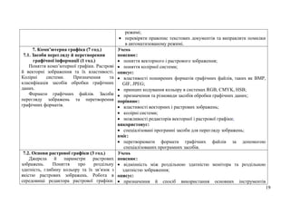 19
режимі;
 перевіряти правопис текстових документів та виправляти помилки
в автоматизованому режимі.
7. Комп’ютерна графіка (7 год.)
7.1. Засоби перегляду й перетворення
графічної інформації (1 год.)
Поняття комп’ютерної графіки. Растрові
й векторні зображення та їх властивості.
Колірні системи. Призначення та
класифікація засобів обробки графічних
даних.
Формати графічних файлів. Засоби
перегляду зображень та перетворення
графічних форматів.
Учень
пояснює:
 поняття векторного і растрового зображення;
 поняття колірної системи;
описує:
 властивості поширених форматів графічних файлів, таких як BMP,
GIF, JPEG;
 принцип кодування кольору в системах RGB, CMYK, HSB;
 призначення та різновиди засобів обробки графічних даних;
порівнює:
 властивості векторних і растрових зображень;
 колірні системи;
 можливості редакторів векторної і растрової графіки;
використовує:
 спеціалізовані програмні засоби для перегляду зображень;
вміє:
 перетворювати формати графічних файлів за допомогою
спеціалізованих програмних засобів.
7.2. Основи растрової графіки (3 год.)
Джерела й параметри растрових
зображень. Поняття про роздільну
здатність, глибину кольору та їх зв’язок з
якістю растрових зображень. Робота в
середовищі редактора растрової графіки:
Учень
пояснює:
 відмінність між роздільною здатністю монітора та роздільною
здатністю зображення;
описує:
 призначення й спосіб використання основних інструментів
 