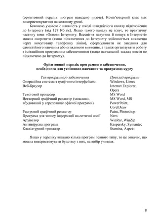 8
(орієнтовний перелік програм наведено нижче). Комп’ютерний клас має
використовуватися на кожному уроці.
Бажаною умовою є наявність у школі швидкісного каналу підключення
до Інтернету (від 128 Кбіт/с). Якщо такого каналу не існує, то практичну
частину теми «Основи Інтернету. Всесвітня павутина й пошук в Інтернеті»
можна скоротити (якщо підключення до Інтернету здійснюється виключно
через комутовану телефонну лінію), сформулювати як завдання для
самостійного навчання або оглядового вивчення, а також організувати роботу
з імітаційним програмним забезпеченням (якщо навчальний заклад зовсім не
підключено до Інтернету).
Орієнтовний перелік програмного забезпечення,
необхідного для успішного навчання за програмою курсу
Тип програмного забезпечення Приклад програми
Операційна система з графічним інтерфейсом Windows, Linux
Веб-браузер Internet Explorer,
Opera
Текстовий процесор MS Word
Векторний графічний редактор (можливо,
вбудований у середовище офісної програми)
MS Word, MS
PowerPoint,
CorelDraw
Растровий графічний редактор Paint, Photoshop
Програма для запису інформації на оптичні носії Nero
Архіватор WinRar, WinZip
Антивірусна програма Kaspersky, Symantec
Клавіатурний тренажер Stamina, Aspekt
Якщо у переліку вказано кілька програм певного типу, то це означає, що
можна використовувати будь-яку з них, на вибір учителя.
 