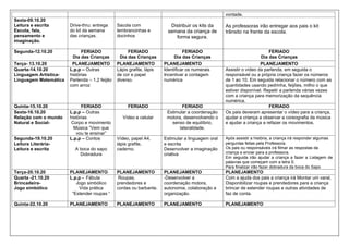 vontade.
Sexta-09.10.20
Leitura e escrita
Escuta, fala,
pensamento e
imaginação.
Drive-thru: entrega
do kit da semana
das crianças.
Sacola com
lembrancinhas e
docinhos
Distribuir os kits da
semana da criança de
forma segura.
As professoras irão entregar aos pais o kit
trânsito na frente da escola.
Segunda-12.10.20 FERIADO
Dia das Crianças
FERIADO
Dia das Crianças
FERIADO
Dia das Crianças
FERIADO
Dia das Crianças
Terça- 13.10.20 PLANEJAMENTO PLANEJAMENTO PLANEJAMENTO PLANEJAMENTO
Quarta-14.10.20
Linguagem Artística-
Linguagem Matemática
L.p.p – Outras
histórias
Parlenda – 1,2 feijão
com arroz
Lápis grafite, lápis
de cor e papel
diverso.
Identificar os numerais
Incentivar a contagem
numérica
Assistir o vídeo da parlenda, em seguida o
responsável ou a própria criança fazer os números
de 1 ao 10. Em seguida relacionar o número com as
quantidades usando pedrinha, feijões, milho o que
estiver disponível. Repetir a parlenda várias vezes
com a criança para memorização da sequência
numérica.
Quinta-15.10.20 FERIADO FERIADO FERIADO FERIADO
Sexta-16.10.20
Relação com o mundo
Natural e Social-
L.p.p – Outras
histórias
Corpo e movimento
Música “Vem que
vou te ensinar”
Vídeo e celular
Estimular a coordenação
motora, desenvolvendo o
senso de equilíbrio,
lateralidade.
Os pais deveram apresentar o vídeo para a criança,
ajudar a criança a observar a coreografia da música
e ajudar a criança a refazer os movimentos.
Segunda-19.10.20
Leitura Literária-
Leitura e escrita
L.p.p – Contos
A boca do sapo
Dobradura
Vídeo, papel A4,
lápis grafite,
caderno.
Estimular a linguagem oral
e escrita
Desenvolver a imaginação
criativa
Após assistir a história, a criança irá responder algumas
perguntas feitas pela Professora.
Os pais ou responsáveis irá filmar as respostas da
criança e enviar para a professora.
Em seguida irão ajudar a criança a fazer a Listagem de
palavras que começam com a letra S.
Para finalizar irão fazer dobradura da boca do Sapo
Terça-20.10.20 PLANEJAMENTO PLANEJAMENTO PLANEJAMENTO PLANEJAMENTO
Quarta -21.10.20
Brincadeira-
Jogo simbólico
L.p.p - Fábula
Jogo simbólico
Vida prática
“Estender roupas “
Roupas,
prendedores e
cordas ou barbante.
-Desenvolver a
coordenação motora,
autonomia, colaboração e
organização.
Com a ajuda dos pais a criança irá Montar um varal,
Disponibilizar roupas e prendedores para a criança
brincar de estender roupas e outras atividades de
faz de conta.
Quinta-22.10.20 PLANEJAMENTO PLANEJAMENTO PLANEJAMENTO PLANEJAMENTO
 