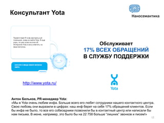 Консультант Yota



                                                      Обслуживает
                                            17% ВСЕХ ОБРАЩЕНИЙ
                                            В СЛУЖБУ ПОДДЕРЖКИ



       http://www.yota.ru/


Антон Бельков, PR-менеджер Yota:
«Мы в Yota очень любим инфа. Больше всего его любят сотрудники нашего контактного центра.
Свою любовь они выразили в цифрах: наш инф берет на себя 17% обращений клиентов. Если
бы инфа не было, то все его собеседники позвонили бы в контактный центр или написали бы
нам письма. В июне, например, это было бы на 22 758 больше “лишних” звонков и писем!»
                                                                                       12
 