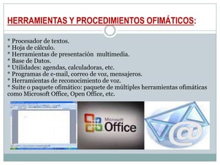 HERRAMIENTAS Y PROCEDIMIENTOS OFIMÁTICOS:* Procesador de textos.* Hoja de cálculo.* Herramientas de presentación  multimedia.* Base de Datos.* Utilidades: agendas, calculadoras, etc.* Programas de e-mail, correo de voz, mensajeros.* Herramientas de reconocimiento de voz.* Suite o paquete ofimático: paquete de múltiples herramientas ofimáticas  como Microsoft Office, Open Office, etc.