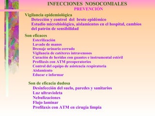 INFECCIONES  NOSOCOMIALES  PREVENCIÓN Vigilancia epidemiológica Detección y control  del  brote epidémico Estudio microbiológico, aislamientos en el hospital, cambios del patrón de sensibilidad Son eficaces Esterilización Lavado de manos Drenaje urinario cerrado Vigilancia de catéteres intravenosos Curación de heridas con guantes e instrumental estéril Profilaxis con ATM preoperatorios Control del equipo de asistencia respiratoria Aislamiento Educar e informar Son de eficacia dudosa Desinfección del suelo, paredes y sanitarios Luz ultravioleta Nebulizaciones Flujo laminar Profilaxis con ATM en cirugía limpia 