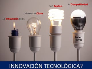 La InnovaciónInnovación es el..
INNOVACIÓN TECNOLÓGICA?
elemento ClaveClave…
que ExplicaExplica…
la CompetitividadCompetitividad.
Porter
(1990)
 