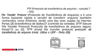 FTP (Protocolo de transferência de arquivos – camada 7
– OSI)
File Transfer Protocol (Protocolo de Transferência de Arquivos), e é uma
forma bastante rápida e versátil de transferir arquivos (também
conhecidos como ficheiros), sendo uma das mais usadas na internet.
Portas (20 (transferência de dados/21 (controle da conexão). SFTP (Secure
File Transfer Protocol) Protocolo de transferência de arquivos seguro.
Porta(115 ou 22). TFTP (trivial file transfer protocol) protocolo de
transferência de arquivos trivial. Utiliza o UDP - Porta (69).
 