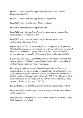 In cell A1, enter the following title for this worksheet: Student
Plagiarism Statistics.
In cell A3, enter the following: Form of Plagiarism.
In cell B3, enter the following: Undergraduate.
In cell C3, enter the following: Graduate.
In cell D4, enter the total number of undergraduate students that
participated in the study 63,700.
In cell E4, enter the total number of graduate students that
participated n the study 9,250.
Beginning in cell A5, enter each of the six categories of plagiarism
identified by this report, one in each row. (These categories are found
under the “Academic Integrity in College and Graduate School”
section showing the results of the survey done by Donald McCabe.)
Beginning in cell B5, calculate the number of students that admitted
to each offense. To do this, you will need to calculate the number of
students based on the percentage provided.
For example, if there were 63,700 undergraduate students that
participated in the survey and 36% admitted to paraphrasing/copying
a few sentences from an Internet source, then that would mean that
22,932 students admitted to the offense (63,700 * .36). Complete these
calculations for all six categories. Be sure to enter formulas and use
proper cell referencing, e.g. = D4*.36
Calculate the same data for graduate students beginning in cell C5.
Format all cells with the appropriate data types. Set numeric fields
with no decimals.
Once you have completed the calculations, select the data cells in the
table to create your chart.
 