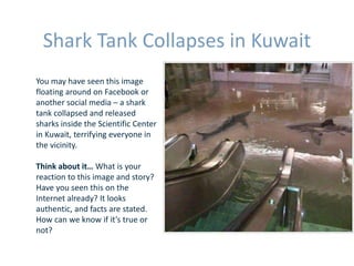 Shark Tank Collapses in Kuwait 
You may have seen this image 
floating around on Facebook or 
another social media – a shark 
tank collapsed and released 
sharks inside the Scientific Center 
in Kuwait, terrifying everyone in 
the vicinity. 
Think about it… What is your 
reaction to this image and story? 
Have you seen this on the 
Internet already? It looks 
authentic, and facts are stated. 
How can we know if it’s true or 
not? 
 
