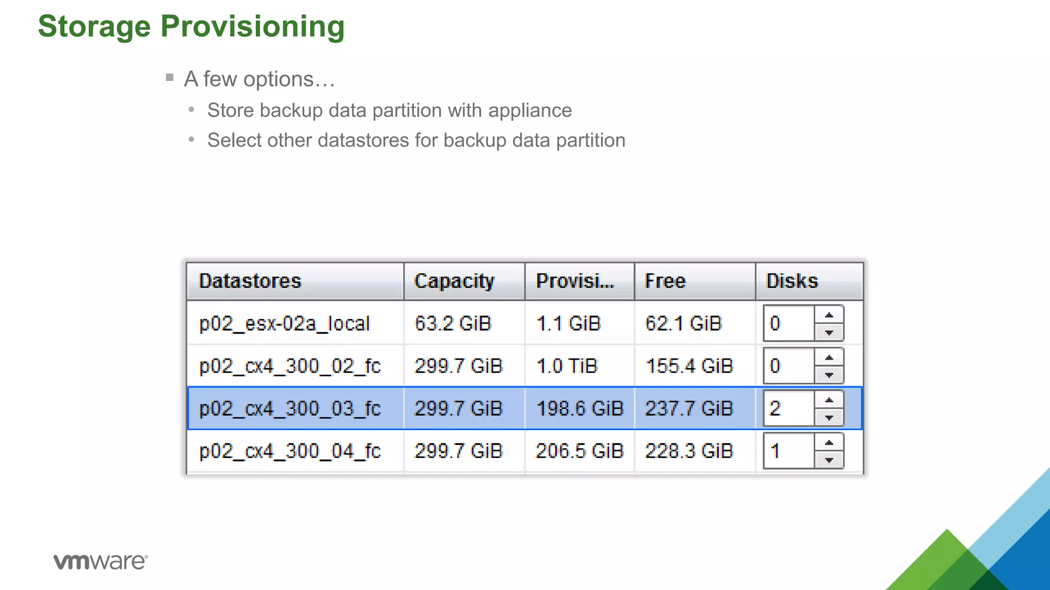 Storage Provisioning
 A few options…
• Store backup data partition with appliance
• Select other datastores for backup data partition
 
