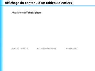 Affichage du contenu d'un tableau d'entiers

    Algorithme AfficheTableau




    public static        AfficheTableau(   ...