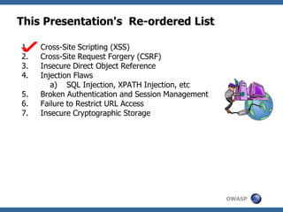 OWASP
This Presentation's Re-ordered List
1. Cross-Site Scripting (XSS)
2. Cross-Site Request Forgery (CSRF)
3. Insecure Direct Object Reference
4. Injection Flaws
a) SQL Injection, XPATH Injection, etc
5. Broken Authentication and Session Management
6. Failure to Restrict URL Access
7. Insecure Cryptographic Storage
 