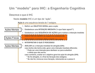 Um “modelo” para IHC: a Engenharia Cognitiva
Descreve o que é IHC
Neste modelo IHC é um tipo de “ação”.
Ação é uma sequência iterada de 7 estágios.
1. Definir um OBJETIVO GERAL para a ação
2. Estabelecer uma INTENÇÃO IMEDIATA (“o que fazer agora?”)
3. Estabelecer uma SEQUÊNCIA DE AÇÕES para realizar a intenção imediata
4. EXECUTAR AS AÇÕES da sequência estabelecida
5. PERCEBER O ESTADO RESULTANTE das ações
6. INTERPRETAR O QUE É PERCEBIDO
7. AVALIAR se a intenção imediata foi atingida (S/N);
caso tenha não tenha sido, gerar uma intenção imediata diferente;
* Pode ser uma intenção para desfazer ou para substituir
o efeito que não serviu.
caso contrário, avaliar se o objetivo geral da ação foi atingido (S/N).
* Se foi atingido, é o final da iteração dos estágios;
* Se não foi, inicia-se nova iteração, retomando-se o passo 2.
Ações Físicas
Ações Mentais
Ações Mentais
 