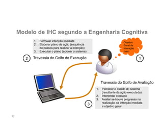 12
Modelo de IHC segundo a Engenharia Cognitiva
Objetivo
Geral da
Interação
(uso)
Travessia do Golfo de Execução
Travessia do Golfo de Avaliação
1. Formular intenção imediata
2. Elaborar plano de ação (sequência
de passos para realizar a intenção)
3. Executar o plano (acionar o sistema)
1. Perceber o estado do sistema
(resultante da ação executada)
2. Interpretar o estado
3. Avaliar se houve progresso na
realização da intenção imediata
e objetivo geral
1
2
3
 