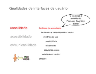 Qualidades de interfaces de usuário
INF 1403 -
Introdução a
IHC
@Prof.
Alberto
Barbosa
Raposo
usabilidade
comunicabilidade
acessibilidade
facilidade de aprendizado
facilidade de se lembrar como se usa
eficiência de uso
produtividade
segurança no uso
flexibilidade
satisfação do usuário
utilidade
É isso que o
método do
Percurso Cognitivo
avalia!
 