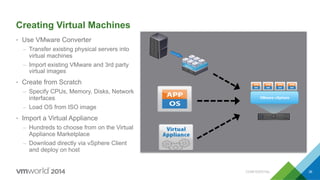 Creating Virtual Machines
•  Use VMware Converter
–  Transfer existing physical servers into
virtual machines
–  Import existing VMware and 3rd party
virtual images
•  Create from Scratch
–  Specify CPUs, Memory, Disks, Network
interfaces
–  Load OS from ISO image
•  Import a Virtual Appliance
–  Hundreds to choose from on the Virtual
Appliance Marketplace
–  Download directly via vSphere Client
and deploy on host
38
VMware vSphere
CONFIDENTIAL
 
