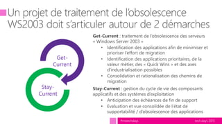 tech.days 2015#mstechdays
Get-
Current
Stay-
Current
Get-Current : traitement de l’obsolescence des serveurs
« Windows Server 2003 »
• Identification des applications afin de minimiser et
prioriser l’effort de migration
• Identification des applications prioritaires, de la
valeur métier, des « Quick Wins » et des axes
d’industrialisation possibles
• Consolidation et rationalisation des chemins de
migration
Stay-Current : gestion du cycle de vie des composants
applicatifs et des systèmes d’exploitation
• Anticipation des échéances de fin de support
• Evaluation et vue consolidée de l’état de
supportabilité / d’obsolescence des applications
 