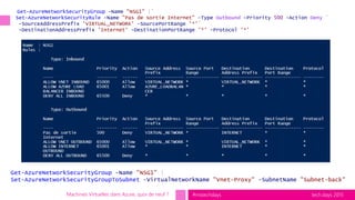 tech.days 2015#mstechdays
Get-AzureNetworkSecurityGroup -Name "NSG1" |`
Set-AzureNetworkSecurityRule -Name "Pas de sortie Internet" -Type Outbound -Priority 500 -Action Deny `
-SourceAddressPrefix 'VIRTUAL_NETWORK' -SourcePortRange '*'`
-DestinationAddressPrefix 'Internet' -DestinationPortRange '*' -Protocol '*'
Get-AzureNetworkSecurityGroup -Name "NSG1" |
Set-AzureNetworkSecurityGroupToSubnet -VirtualNetworkName "Vnet-Proxy" -SubnetName "Subnet-back"
Machines Virtuelles dans Azure, quoi de neuf ?
 