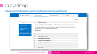 tech.days 2015#mstechdays
http://www.microsoft.com/en-us/server-cloud/roadmap/recently-available.aspx
Machines Virtuelles dans Azure, quoi de neuf ?
 