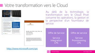 tech.days 2015#mstechdays
Au delà de la technologie, la
transformation vers le Cloud Privé
concerne les opérations, la gestion et
la perspective d’un fournisseur de
service
http://www.microsoft.com/cps
 