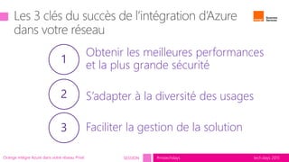 tech.days 2015#mstechdaysSESSION tech.days 2015#mstechdays
Obtenir les meilleures performances
et la plus grande sécurité
S’adapter à la diversité des usages
Faciliter la gestion de la solution
1
2
3
Orange intègre Azure dans votre réseau Privé
 