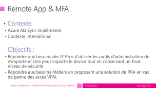 tech.days 2015#mstechdays
• Contexte
Objectifs :
Retour d'expérience : rendre votre IT agile grâce au cloud hybride
 