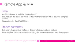 tech.days 2015#mstechdays
Bilan
Etapes suivantes
Retour d'expérience : rendre votre IT agile grâce au cloud hybride
 
