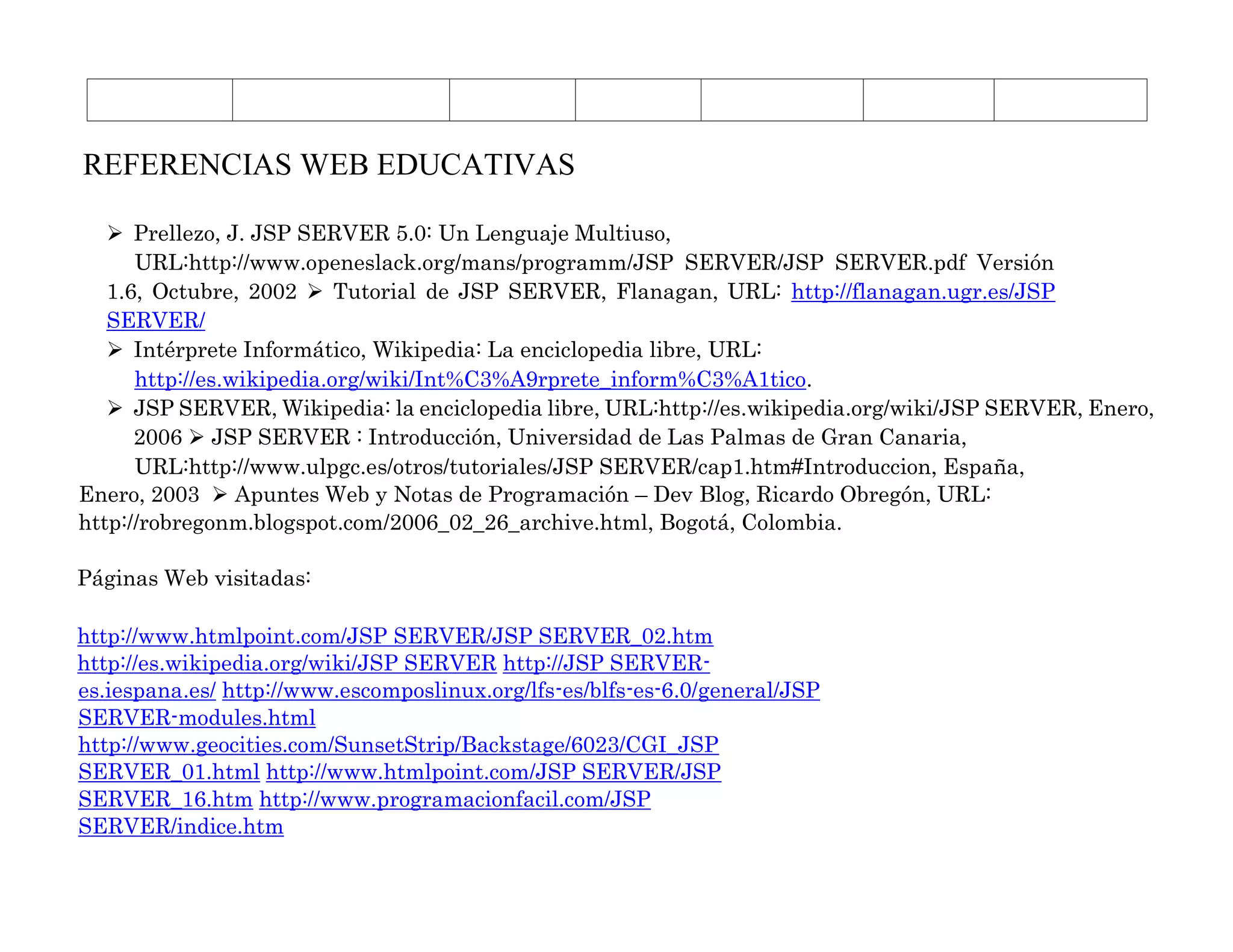 REFERENCIAS WEB EDUCATIVAS
 Prellezo, J. JSP SERVER 5.0: Un Lenguaje Multiuso,
URL:http://www.openeslack.org/mans/programm/JSP SERVER/JSP SERVER.pdf Versión
1.6, Octubre, 2002  Tutorial de JSP SERVER, Flanagan, URL: http://flanagan.ugr.es/JSP
SERVER/
 Intérprete Informático, Wikipedia: La enciclopedia libre, URL:
http://es.wikipedia.org/wiki/Int%C3%A9rprete_inform%C3%A1tico.
 JSP SERVER, Wikipedia: la enciclopedia libre, URL:http://es.wikipedia.org/wiki/JSP SERVER, Enero,
2006  JSP SERVER : Introducción, Universidad de Las Palmas de Gran Canaria,
URL:http://www.ulpgc.es/otros/tutoriales/JSP SERVER/cap1.htm#Introduccion, España,
Enero, 2003  Apuntes Web y Notas de Programación – Dev Blog, Ricardo Obregón, URL:
http://robregonm.blogspot.com/2006_02_26_archive.html, Bogotá, Colombia.
Páginas Web visitadas:
http://www.htmlpoint.com/JSP SERVER/JSP SERVER_02.htm
http://es.wikipedia.org/wiki/JSP SERVER http://JSP SERVER-
es.iespana.es/ http://www.escomposlinux.org/lfs-es/blfs-es-6.0/general/JSP
SERVER-modules.html
http://www.geocities.com/SunsetStrip/Backstage/6023/CGI_JSP
SERVER_01.html http://www.htmlpoint.com/JSP SERVER/JSP
SERVER_16.htm http://www.programacionfacil.com/JSP
SERVER/indice.htm
 