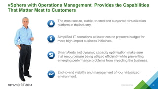 CONFIDENTIAL 35
vSphere with Operations Management Provides the Capabilities
That Matter Most to Customers
The most secure, stable, trusted and supported virtualization
platform in the industry.
Simplified IT operations at lower cost to preserve budget for
more high-impact business initiatives.
Smart Alerts and dynamic capacity optimization make sure
that resources are being utilized efficiently while preventing
emerging performance problems from impacting the business.
End-to-end visibility and management of your virtualized
environment.
 