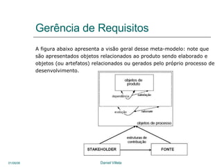 Gerência de Requisitos A figura abaixo apresenta a visão geral desse meta-modelo: note que são apresentados objetos relacionados ao produto sendo elaborado e objetos (ou artefatos) relacionados ou gerados pelo próprio processo de desenvolvimento.  