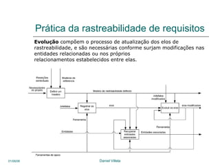 Prática da rastreabilidade de requisitos Evolução  compõem o processo de atualização dos elos de  rastreabilidade, e são necessárias conforme surjam modificações nas entidades relacionadas ou nos próprios relacionamentos estabelecidos entre elas.  