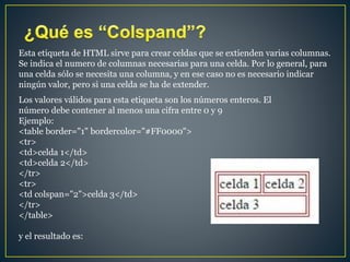 Esta etiqueta de HTML sirve para crear celdas que se extienden varias columnas.
Se indica el numero de columnas necesarias para una celda. Por lo general, para
una celda sólo se necesita una columna, y en ese caso no es necesario indicar
ningún valor, pero si una celda se ha de extender.
Los valores válidos para esta etiqueta son los números enteros. El
número debe contener al menos una cifra entre 0 y 9
Ejemplo:
<table border="1" bordercolor="#FF0000">
<tr>
<td>celda 1</td>
<td>celda 2</td>
</tr>
<tr>
<td colspan="2">celda 3</td>
</tr>
</table>
y el resultado es:
 
