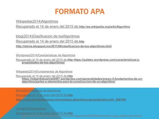 FORMATO APA
Wikipedia(2014)Algoritmos
Recuperado el 14 de enero del 2015 de:http://es.wikipedia.org/wiki/Algoritmo
blog(2014)Clasificacion de losAlgoritmos
Recuperado el 14 de enero del 2015 de:http
http://isbros.blogspot.mx/2011/08/clasificacion-de-los-algoritmos.html
Wordpress(2014)Caracteristicas de Algoritmos
Recuperado el 14 de enero del 2015 de:http https://aulatec.wordpress.com/caracteristicas-y-
propiedades-de-los-algoritmos/
Wikipedia(2014)Fundamentos de Algoritmos
Recuperado el 14 de enero del 2015 de:http
https://edgardobuelvas0407.wordpress.com/generalidades/anexo-3-fundamentos-de-un-
algoritmo/partes-y-elementos-para-la-construccion-de-un-algoritmo/
Ehow(2014)Ventajas de Algoritmos
Recuperado el 14 de enero del 2015 de:http
http://www.ehowenespanol.com/ventajas-algoritmos-generalizados-info_289184/
virtuall(2014)Algoritmos
Recuperado el 14 de enero del 2015 de:http
http://www.virtual.unal.edu.co/cursos/ingenieria/2001839/modulo1/cap_02/leccion103.ht
 