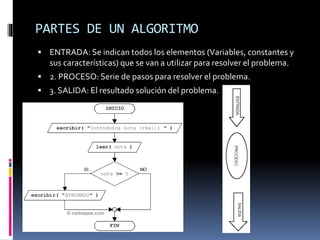 PARTES DE UN ALGORITMO
 ENTRADA: Se indican todos los elementos (Variables, constantes y
sus características) que se van a utilizar para resolver el problema.
 2. PROCESO: Serie de pasos para resolver el problema.
 3. SALIDA: El resultado solución del problema.
 