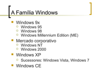  Windows 9x
 Windows 95
 Windows 98
 Windows Millennium Edition (ME)
 Mercado corporativo
 Windows NT
 Windows 2000
 Windows XP
 Sucessores: Windows Vista, Windows 7
 Windows CE
A Família Windows
 