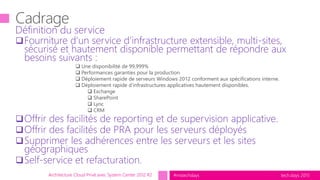 tech.days 2015#mstechdaysArchitecture Cloud Privé avec System Center 2012 R2
Définition du service
Fourniture d’un service d’infrastructure extensible, multi-sites,
sécurisé et hautement disponible permettant de répondre aux
besoins suivants :
 Une disponibilité de 99,999%
 Performances garanties pour la production
 Déploiement rapide de serveurs Windows 2012 conforment aux spécifications interne.
 Déploiement rapide d’infrastructures applicatives hautement disponibles.
 Exchange
 SharePoint
 Lync
 CRM
Offrir des facilités de reporting et de supervision applicative.
Offrir des facilités de PRA pour les serveurs déployés
Supprimer les adhérences entre les serveurs et les sites
géographiques
Self-service et refacturation.
 