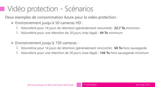 tech.days 2015#mstechdaysBonnes pratiques de Microsoft Azure StorSimple
Deux exemples de consommation Azure pour la vidéo protection :
 Environnement jusqu’à 50 cameras HD :
꜕ Volumétrie pour 14 jours de rétention (généralement rencontré) : 22,7 To minimum
꜕ Volumétrie pour une rétention de 30 jours (max légal) : 49 To minimum
 Environnement jusqu’à 150 cameras :
꜕ Volumétrie pour 14 jours de rétention (généralement rencontré) : 68 To hors sauvegarde
꜕ Volumétrie pour une rétention de 30 jours (max légal) : 146 To hors sauvegarde minimum
 