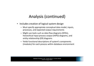 Database Principles 3rd Ed., Coronel, Morris, Crockett, Blewett
©2020 Cengage EMEA
Analysis (continued)
• Includes creation of logical system design
– Must specify appropriate conceptual data model, inputs,
processes, and expected output requirements
– Might use tools such as data flow diagrams (DFDs),
hierarchical input process output (HIPO) diagrams, and
entity relationship (ER) diagrams
– Yields functional descriptions of system’s components
(modules) for each process within database environment
 