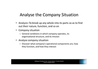 Database Principles 3rd Ed., Coronel, Morris, Crockett, Blewett
©2020 Cengage EMEA
Analyse the Company Situation
• Analysis–To break up any whole into its parts so as to find
out their nature, function, and so on
• Company situation
– General conditions in which company operates, its
organisational structure, and its mission
• Analyse company situation
– Discover what company’s operational components are, how
they function, and how they interact
 