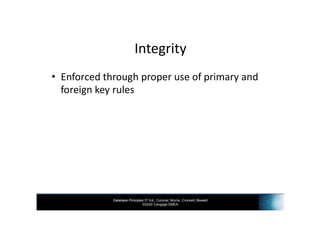 Database Principles 3rd Ed., Coronel, Morris, Crockett, Blewett
©2020 Cengage EMEA
Integrity
• Enforced through proper use of primary and
foreign key rules
 