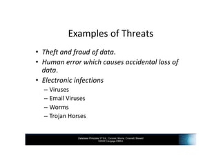 Database Principles 3rd Ed., Coronel, Morris, Crockett, Blewett
©2020 Cengage EMEA
Examples of Threats
• Theft and fraud of data.
• Human error which causes accidental loss of
data.
• Electronic infections
– Viruses
– Email Viruses
– Worms
– Trojan Horses
 