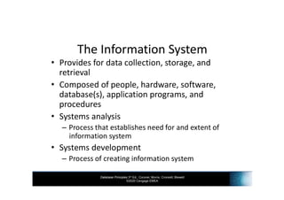 Database Principles 3rd Ed., Coronel, Morris, Crockett, Blewett
©2020 Cengage EMEA
The Information System
• Provides for data collection, storage, and
retrieval
• Composed of people, hardware, software,
database(s), application programs, and
procedures
• Systems analysis
– Process that establishes need for and extent of
information system
• Systems development
– Process of creating information system
 