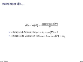 Autrement dit...
eﬃcacit´e(P) =
acc´el´eration(P)
P
eﬃcacit´e d’Amdahl :limP→∞ eAmdahl(P) = 0
eﬃcacit´e de Gustafson :limP→∞ eGustafson(P) = α
 